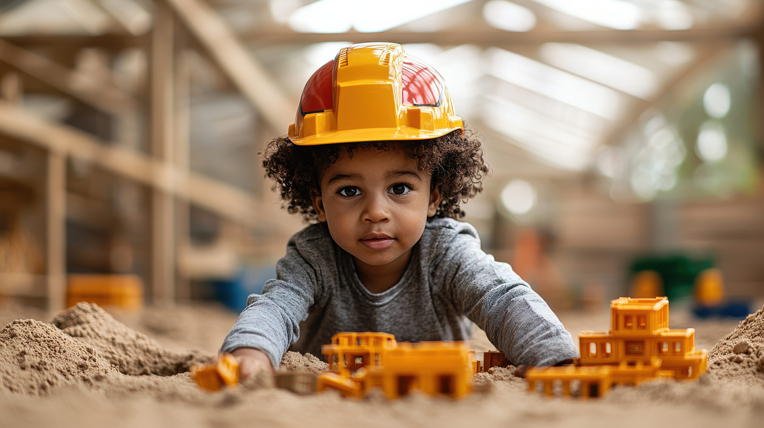child wearing colorful safety helmet plays in sand with toy construction vehicles, showcasing creativity and joy in playful environment
