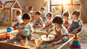 A bright and inviting indoor play area with a soft, well-lit sandbox. A diverse group of happy toddlers is engaging in various sensory play activities