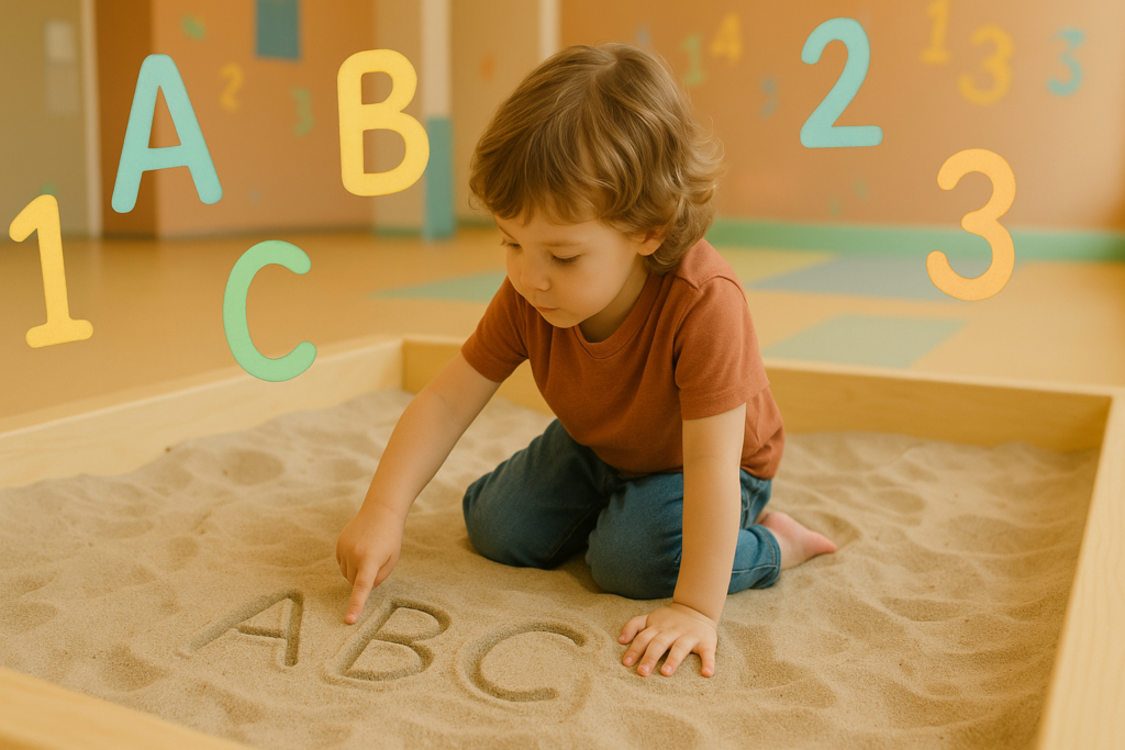 A child drawing letters in the sand, with floating letters and numbers around them to represent early learning.