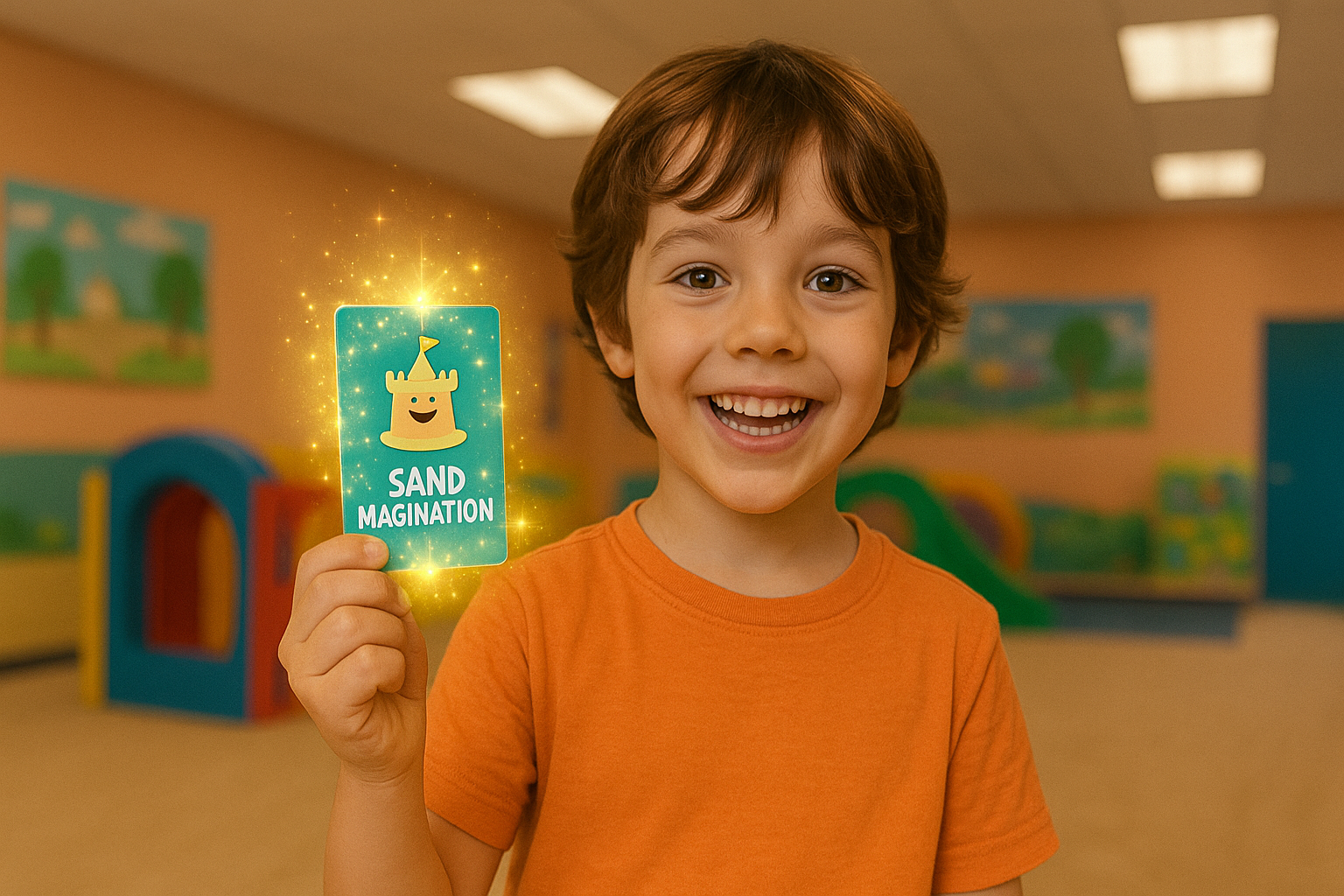 A child happily holding up their Sandmagination membership card with a glowing, magical effect, symbolizing all the fun it unlocks