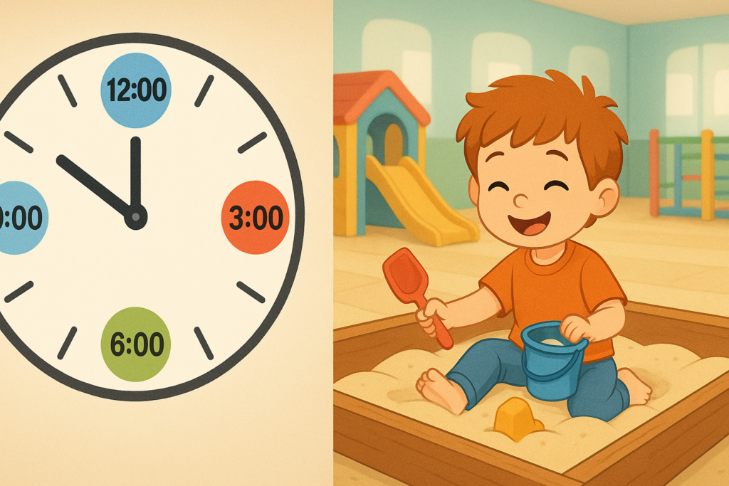 A clock with different times highlighted, showing a happy child playing in the sandbox at various times of the day.
