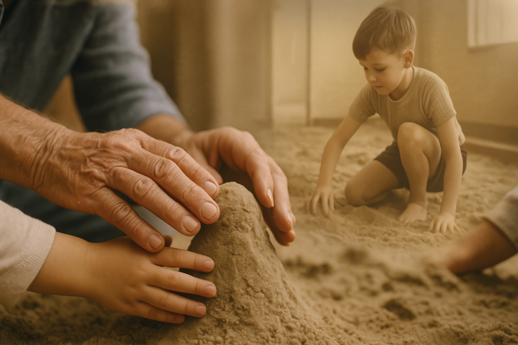 A close-up of a grandparent’s hands helping a child mold a sand figure, with a soft-focus flashback image of the grandparent as a child playing in the sand in an indoor sandbox playground.