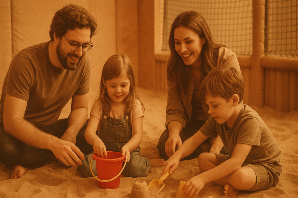 A family photo-style image of parents and kids playing together in the sandbox, with a warm, nostalgic filter.