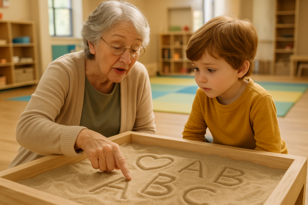 A grandmother in a indoor sandbox playground is drawing shapes and letters in the sand while telling a story, with a grandchild listening intently