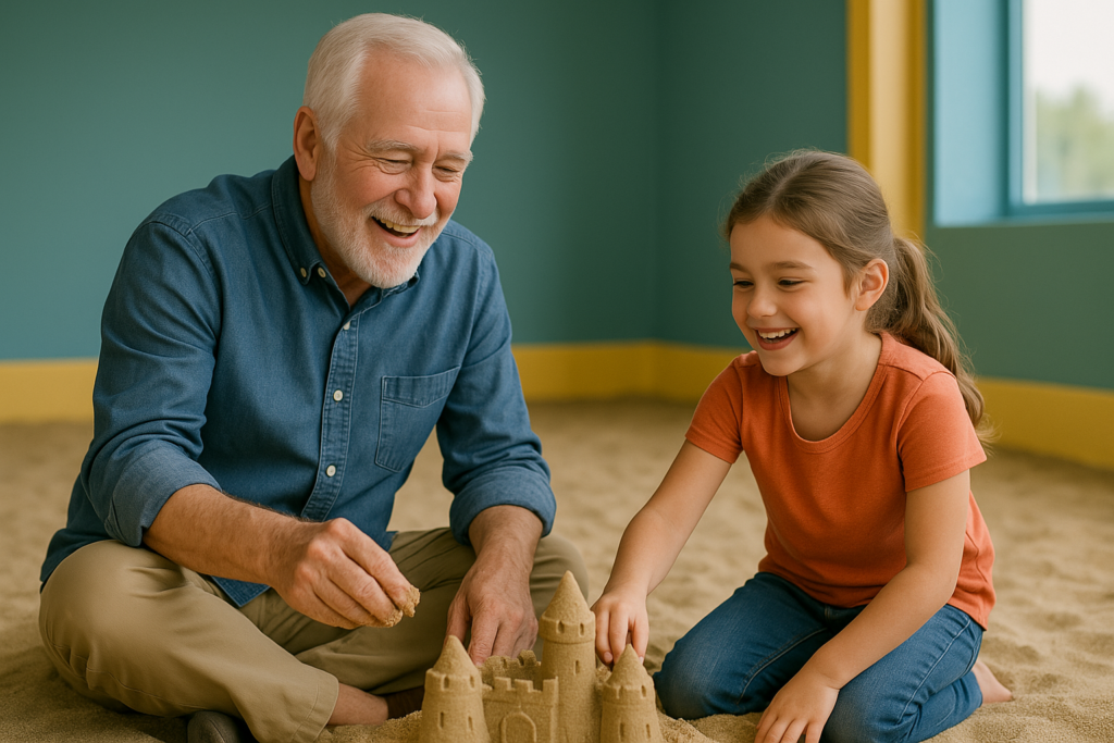 A grandparent and grandchild sitting in an indoor sandbox playground, smiling as they build a sandcastle together.