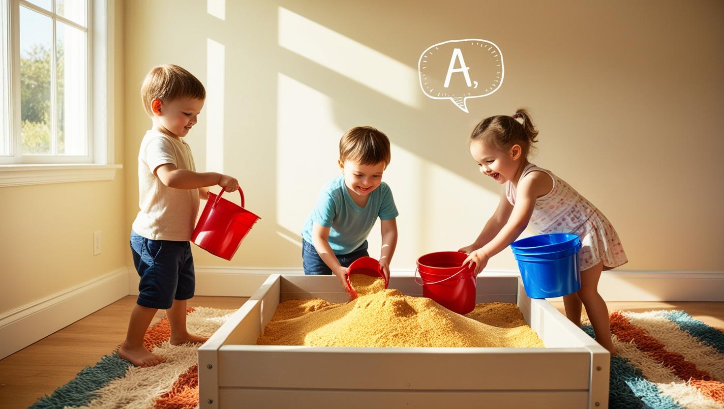 two young children playing in an indoor sandbox, engaging in cooperative play. One child is carrying a bucket filled with sand while the other is filling a bucket with sand. The scene is warm and inviting, with soft l