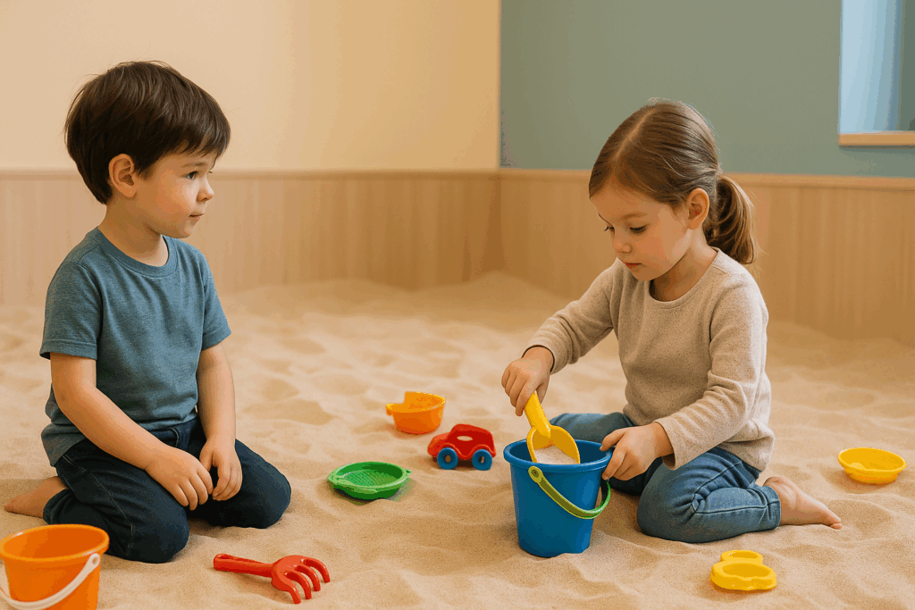 A child respecting another’s space while playing with different sandbox toys, showing a cooperative and respectful attitude.