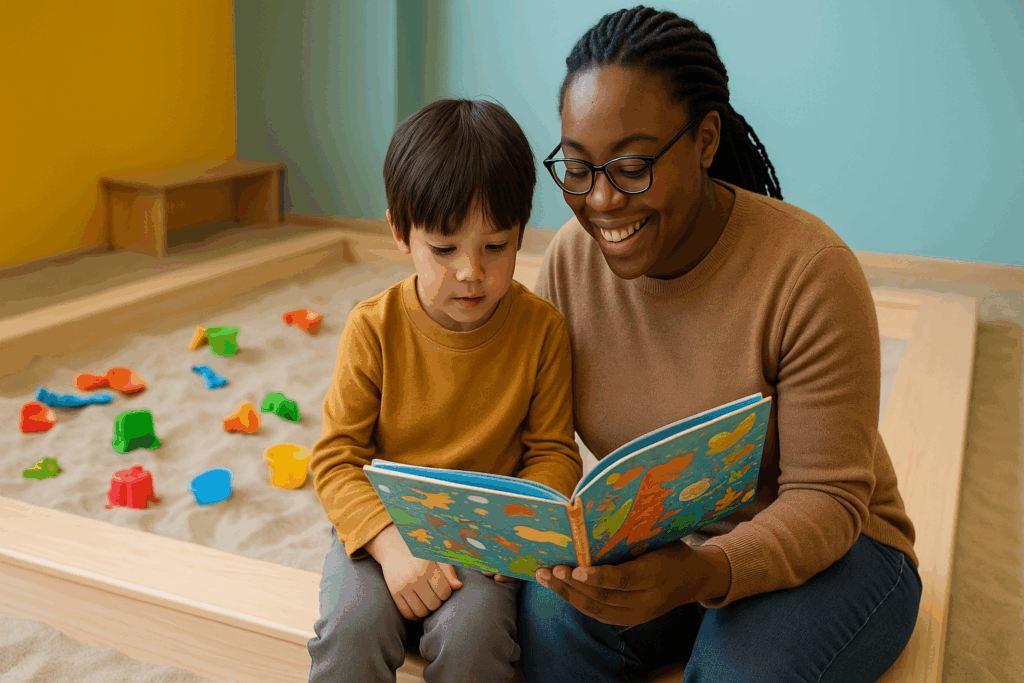 A child sitting with a parent or teacher reading a colorful picture book together near the sandbox in an indoor sandbox playground, showing the connection between play and reading. 