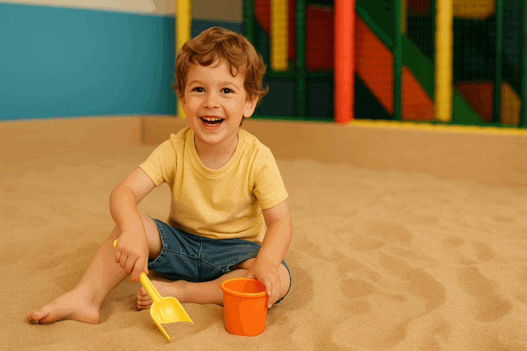 A child wearing casual, play-friendly clothes, digging in a sandbox with a big smile.