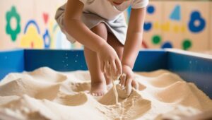 A close-up of a child slowly dragging fingers through soft, white sand with a peaceful expression at an indoor sandbox playground.