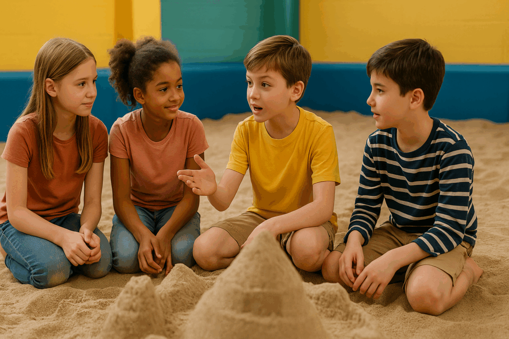 A group of children talking to each other while planning their next move to enhance a sand sculpture in an indoor sandbox playground, with one child explaining their idea.