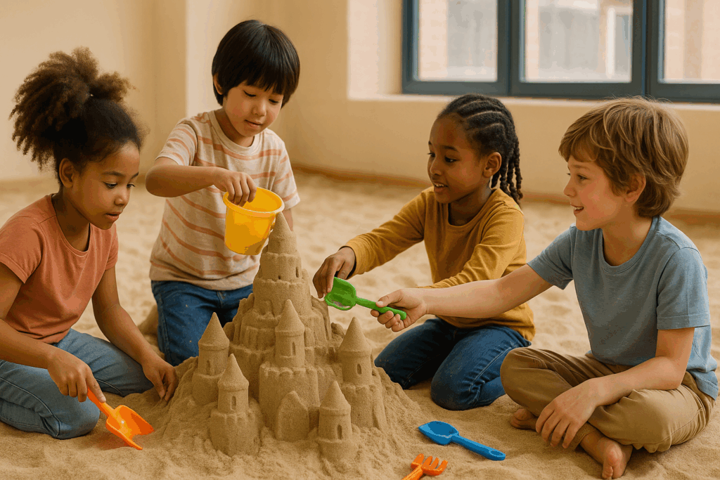 A group of children working together to build a giant sandcastle in an indoor sandbox playground, sharing tools and helping each other.