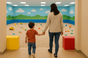 a child and parent walking towards an indoor sandbox playground holding hands