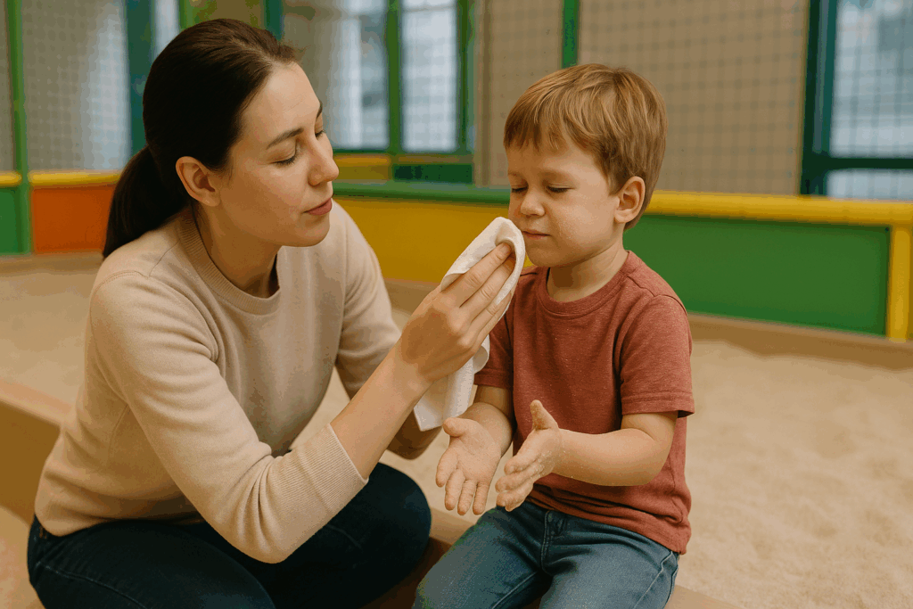 a parent wiping sand off a child’s hands and face, getting them ready to leave the indoor sandbox sandbox play area.