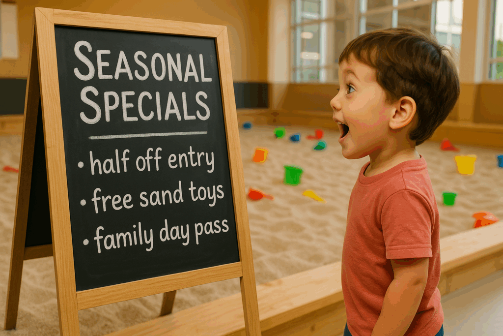 a signboard with Seasonal Specials at the entrance of an indoor sandbox playground, with a child excitedly looking at the offers.