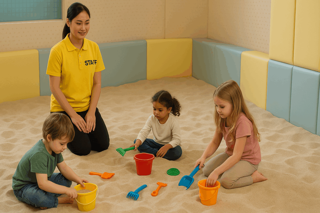 a staff member ensuring safety in an indoor sandbox playground, with children playing nearby in a secure, cushioned environment.