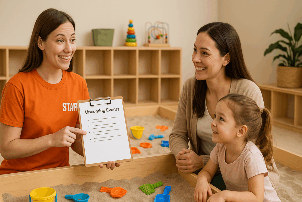 a staff member talking to a parent about upcoming events or programs at an indoor sandbox playground, with a child eagerly listening.