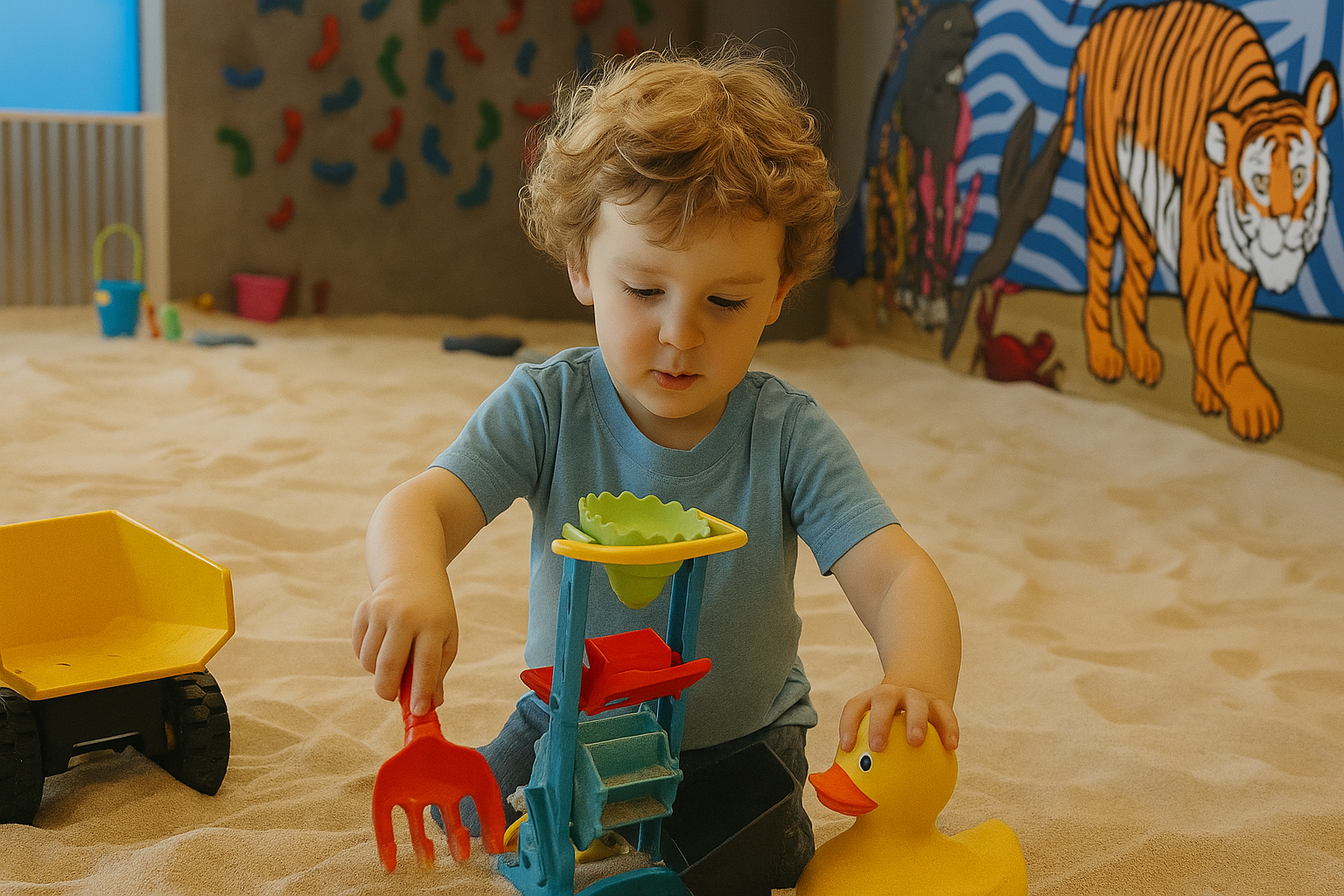 A child in a sandbox confidently selecting tools while playing in the sand, showing concentration and joy