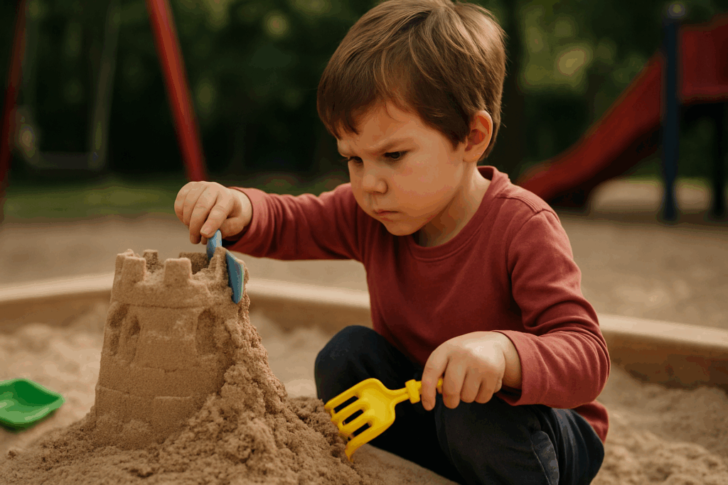 A child in a sandbox rebuilding a collapsed sandcastle with focus and determination, using toy tools to fix the structure.