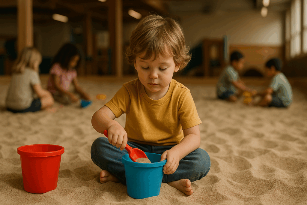 A child peacefully playing alone with sand and buckets, surrounded by other kids in the background but immersed in their own world.