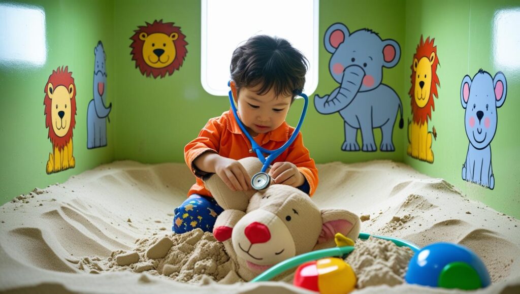 A child playing doctor with a stuffed animal and toy stethoscope in a sandbox at an indoor sandbox playground, mimicking a real-life medical visit through play.