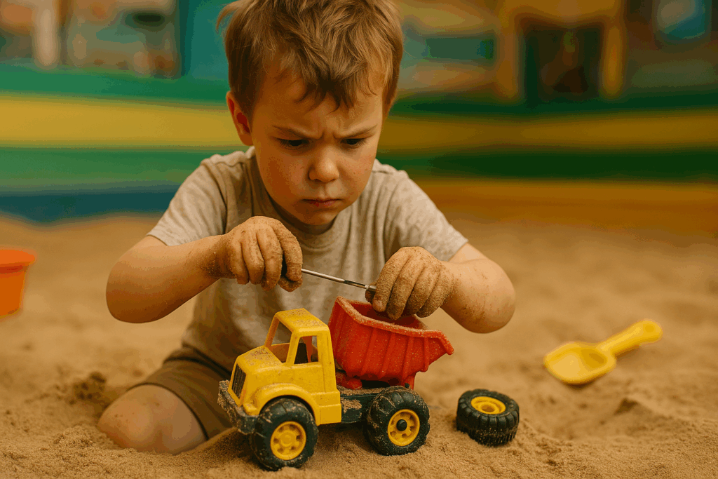 A determined child fixing a broken toy while playing in the sand, with a focused expression and messy hands