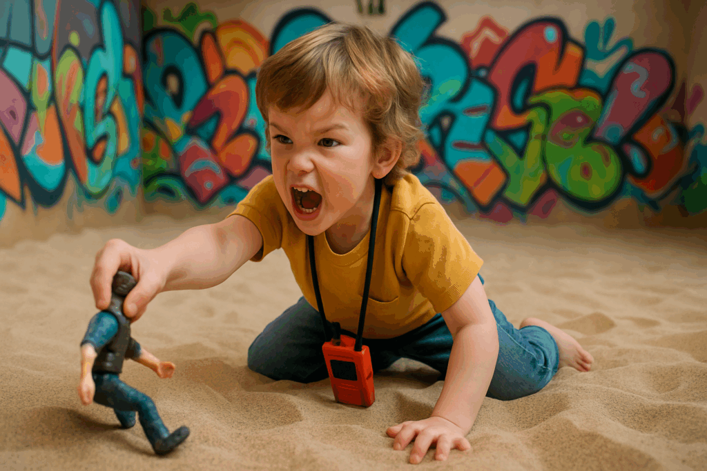 A young child acting out a pretend rescue mission in the sand at an indoor sandbox playground, showing a range of facial expressions while engaging in imaginative play.
