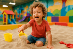 A young child playing in an indoor sandbox playground, scooping sand with a big smile on their face.