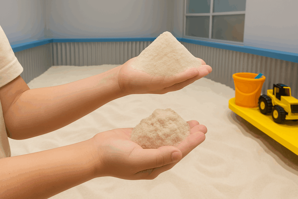 Close-up of a child holding dry sand in one hand and wet sand in the other, comparing texture and behavior in an indoor sandbox playground setting