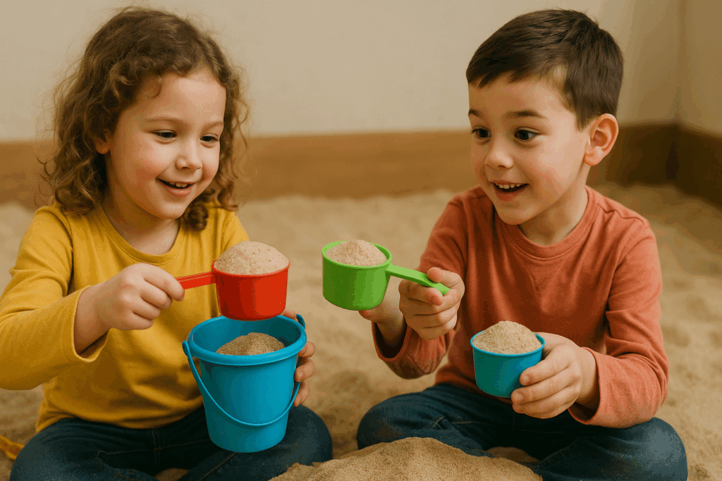 Two children playing with measuring cups and small buckets, comparing how much each holds using playful focus